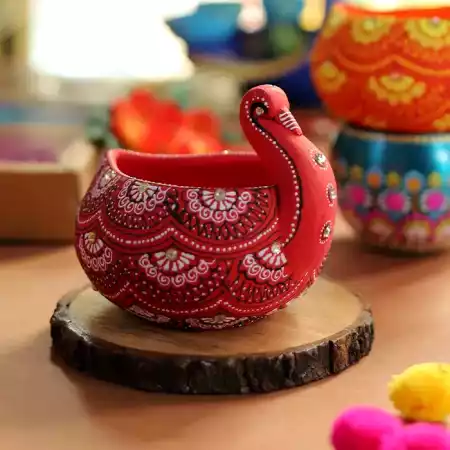 Handicraft Washable Terracotta Modern Swan Diya Tealight T-Light Holder - Red